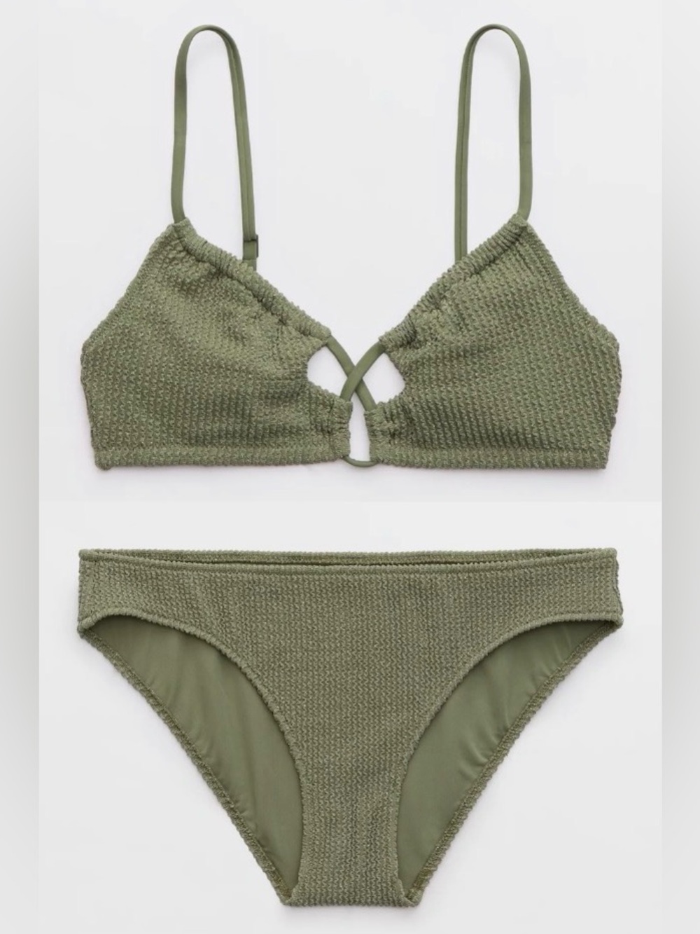 NWT Aerie FULL SET Shimmery Crinkle Lace Up Top + Cheekiest Tie Bottom Olive 🫒 M - Picture 1 of 6